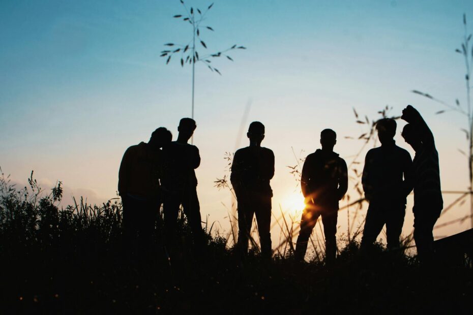 silhouette group of people standing on grass field